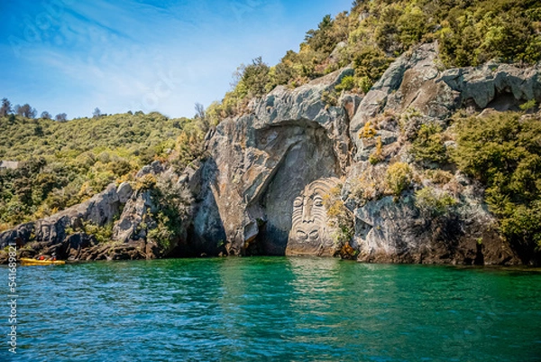 Fototapeta traditional rock carving lake taupo north island new zealand. High quality photo