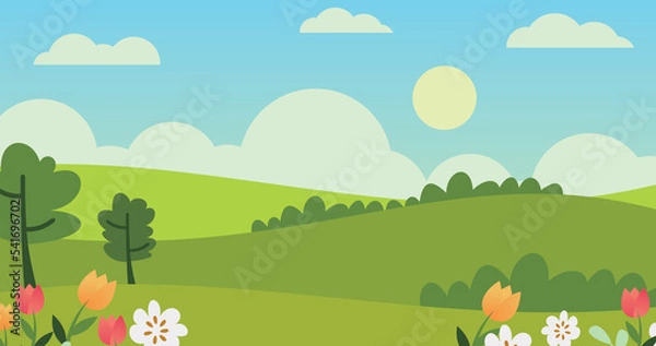 Fototapeta green garden background with fresh cartoon flowers and trees