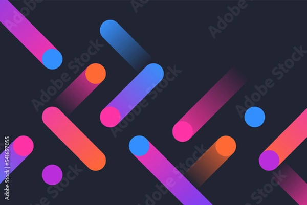 Fototapeta Modern holographic gradient dynamic lines with dots on black background. Abstract vivid composition of motion geometric shapes illustration