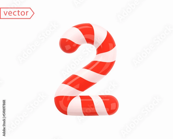 Fototapeta Number 2. Number two sign white intertwined with red ribbon. 3d Numeral as Candy Cane in cartoon style. Realistic glossy object isolated on white background. 3D symbol icon vector illustration