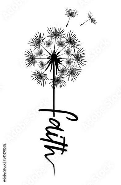 Obraz Dandelion. Black silhouette of a dandelion flower with seeds flying up. The inscription Faith, forms a cross with a flower. Motivational bible print for believers. Make a wish symbol. Logo, icon, sign