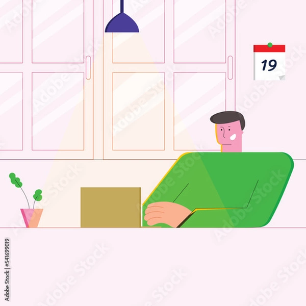 Fototapeta Work at home concept design. Vector illustration on pink background. Online study, education.