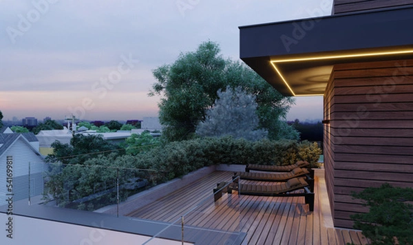 Fototapeta Modern house with carport, large terrace and swimming pool. A house with panoramic windows and a facade made of wide ceramic slabs