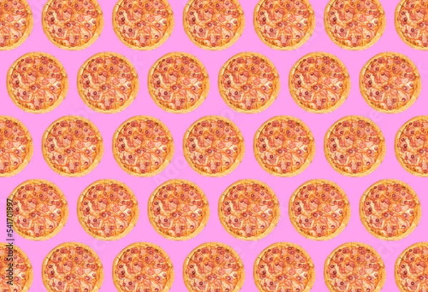 Obraz trendy colorful repeating pattern of a whole pizza on a pink background.