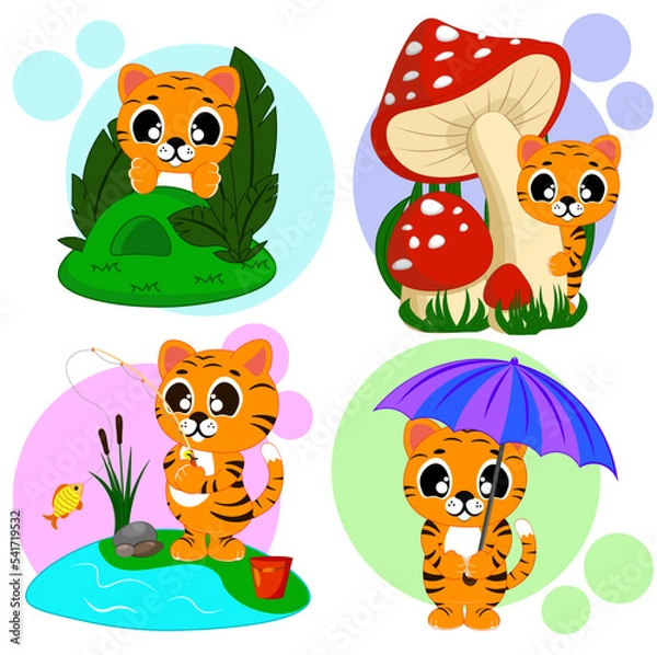 Fototapeta A set of cute tiger cubs in the thicket, with fly agarics, fishing, under an umbrella