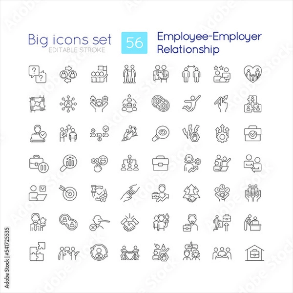 Fototapeta Worker-employer relationship linear icons set. Human resources management. Workplace. Customizable thin line symbols. Isolated vector outline illustrations. Editable stroke. Quicksand-Light font used