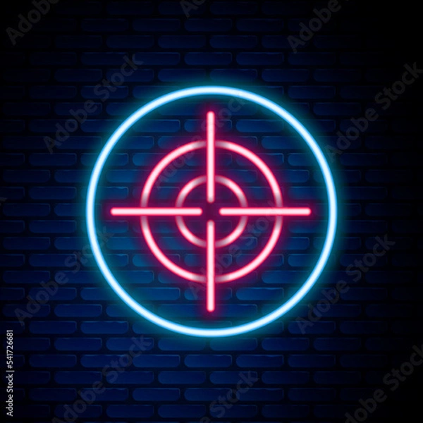 Fototapeta Glowing neon line Target sport icon isolated on brick wall background. Clean target with numbers for shooting range or shooting. Colorful outline concept. Vector
