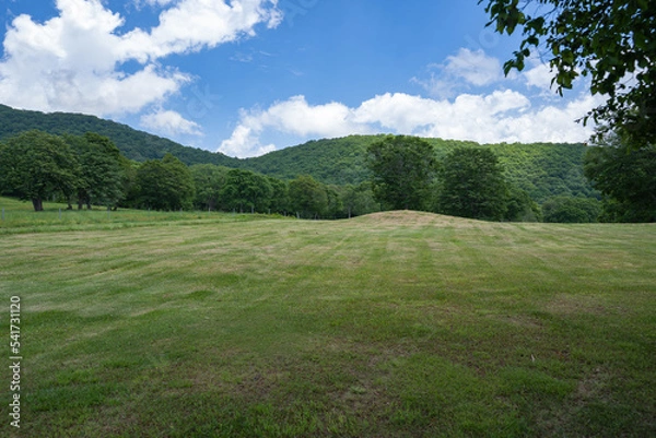 Fototapeta 初夏の笹ヶ峰、よく整備された牧場と緑の山と雄大な雲