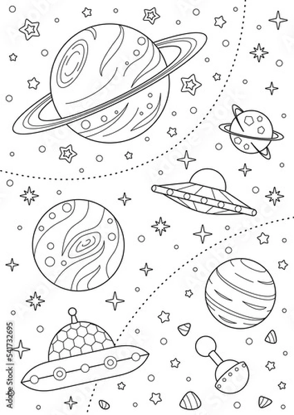 Fototapeta Coloring page with different planets, alien spaceships and stars. Black and white outline illustration isolated on a white background. Far space. Vector design template for kids coloring book, poster 
