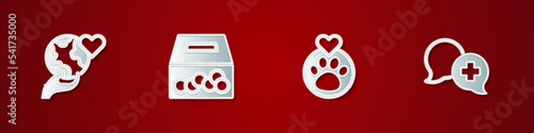 Fototapeta Set Hand holding Earth globe, Donation charity, Heart with animals footprint and Dialogue doctor icon. Vector