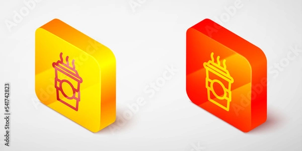 Fototapeta Isometric line Coffee cup to go icon isolated on grey background. Yellow and orange square button. Vector