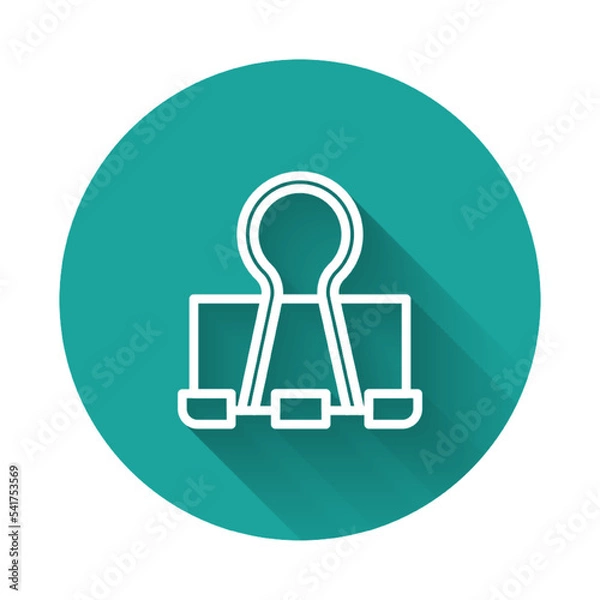 Fototapeta White line Binder clip icon isolated with long shadow. Paper clip. Green circle button. Vector
