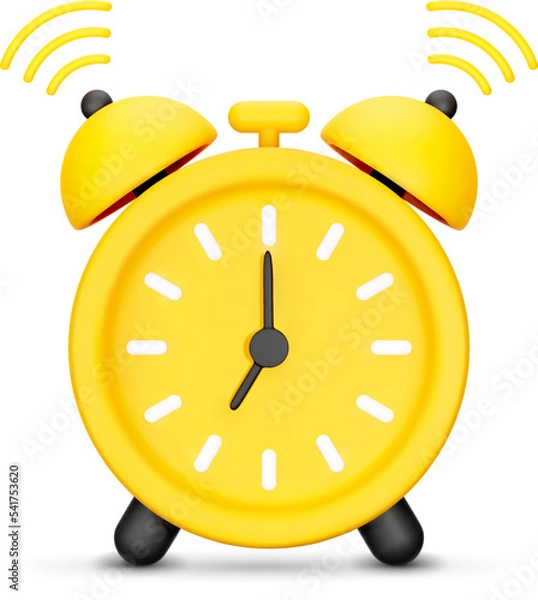 Obraz 3D Cartoon Ringing Alarm Clock in Yellow Color Isolated on White Background. Concept of Morning, Time to Wake Up or Deadline. Time is up Icon for app. Vector Illustration of 3d Render.