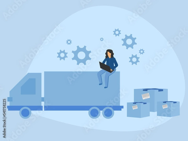 Fototapeta a girl with a computer in her hands sits on a truck, warehouse employee, delivery service, packing boxes for moving, freight transportation, cargo transportation, inventory control, warehouse check, l