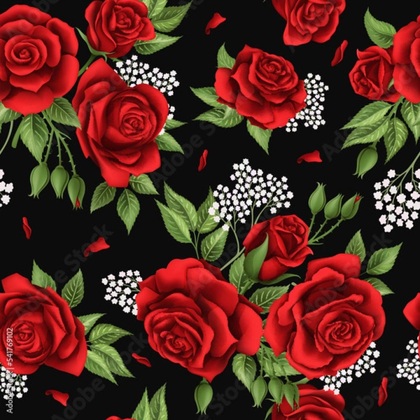 Obraz Red rose bouquets and green leaves, mesh elements seamless pattern