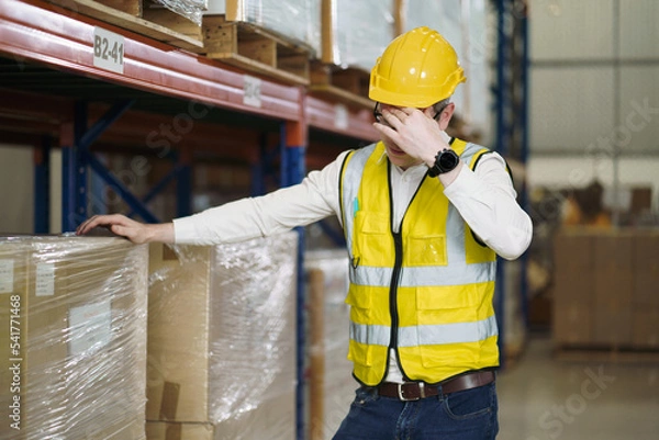 Fototapeta Headache concept of factory worker. Young man looking pain expression. Portrait of young man feeling sick while touching on his forehead while working in the warehouse. Insurance for people on duty.