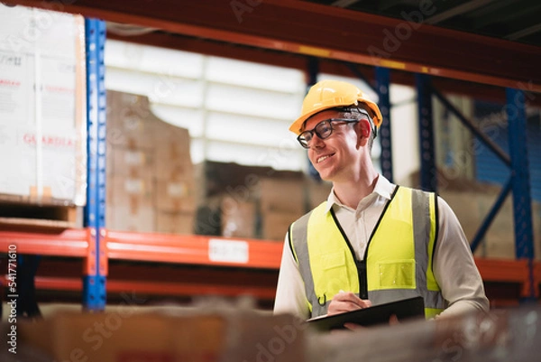 Fototapeta Portrait of Caucasian young man inspector working in warehouse storage with laptop.