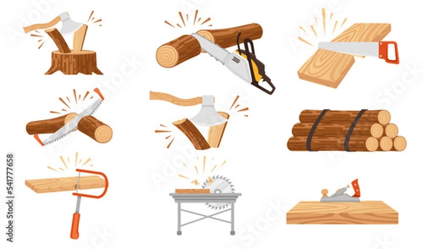 Fototapeta Set of woodworking chopping sawing wooden log on stump with axe and saw vector illustration isolated on white background