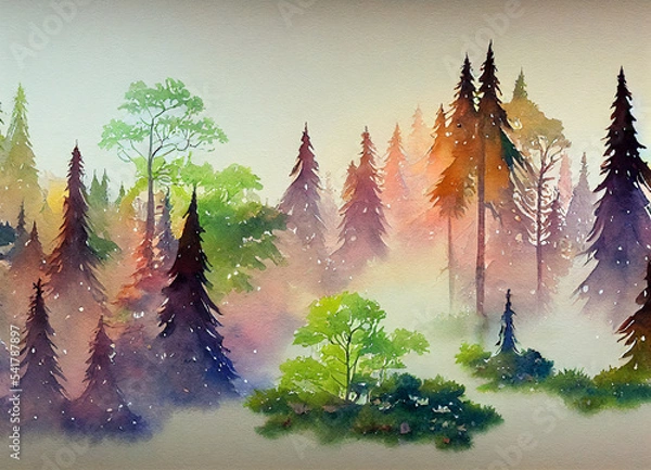 Fototapeta Atmospheric forest watercolor art