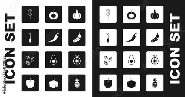 Fototapeta Set Garlic, Hot chili pepper pod, Fresh green onions, Spinach, cucumber, Peach fruit, Tomato and icon. Vector