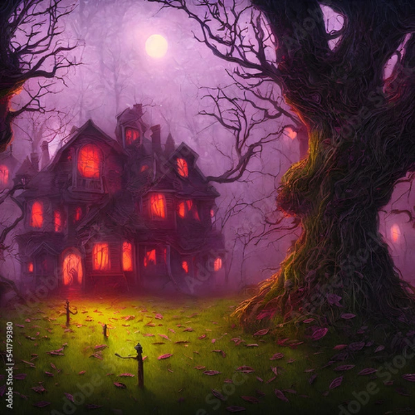 Fototapeta An Illustration of an old haunted house with light in its windows surrounded by trees in a dark forest