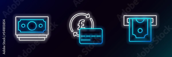 Fototapeta Set line ATM and money, Stacks paper cash and Credit card icon. Glowing neon. Vector