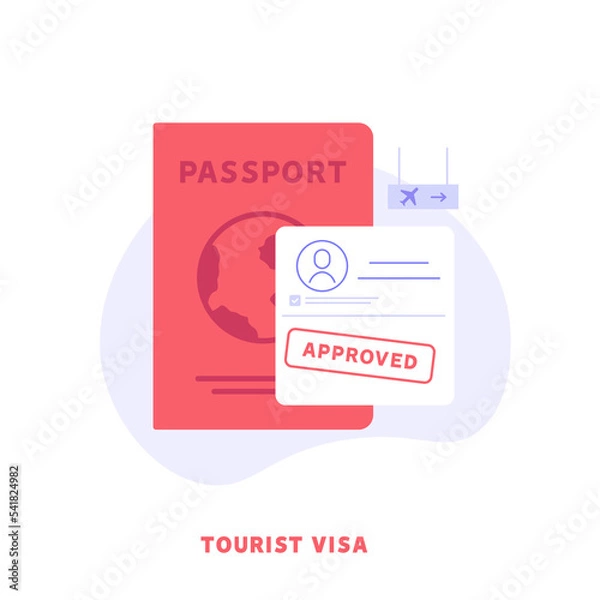 Fototapeta Concept of tourist visa, travel, approved visa, tourist guide. Young tourists with guide map visit world attractions and landmarks. People travel abroad with foreign passport. Vector illustration