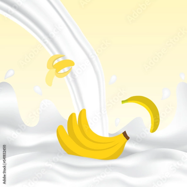 Fototapeta Banana milk splash with white splashing liquid. Pouring banana milk on yellow background. Fruit drink and organic dairy free vegan milk. Creative design vector illustration with empty space.