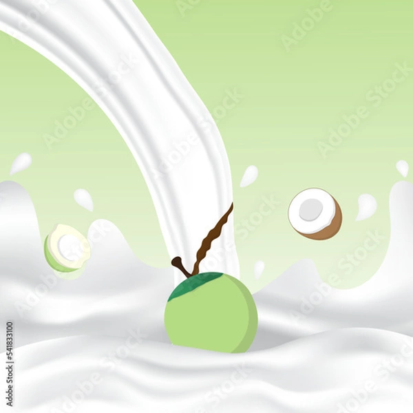 Fototapeta Coconut milk splash with white splashing liquid. Pouring coconut milk on green background. Fruit drink and organic dairy free vegan milk. Creative design vector illustration with empty space.