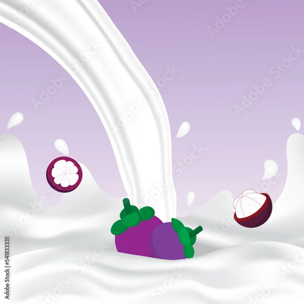 Fototapeta Mangosteen milk splash with white splashing liquid. Pouring mangosteen milk on purple background. Fruit drink and organic dairy free vegan milk. Creative design vector illustration with empty space.