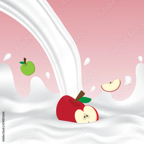 Fototapeta Apple milk splash with white splashing liquid. Pouring apple milk on red background. Fruit drink and organic dairy free vegan milk. Creative design vector illustration with empty space.
