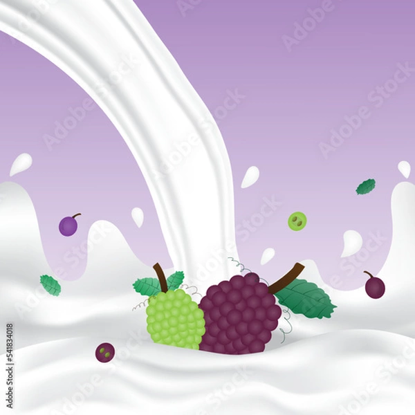 Fototapeta Grape milk splash with white splashing liquid. Pouring grape milk on purple background. Fruit drink and organic dairy free vegan milk. Creative design vector illustration with empty space.
