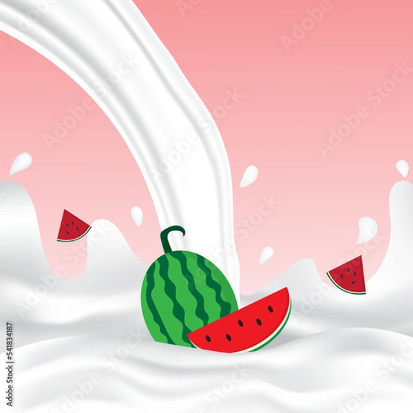 Fototapeta Watermelon milk splash with white splashing liquid. Pouring watermelon milk on red background. Fruit drink and organic dairy free vegan milk. Creative design vector illustration with empty space.