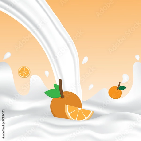 Fototapeta Orange milk splash with white splashing liquid. Pouring orange milk on orange background. Fruit drink and organic dairy free vegan milk. Creative design vector illustration with empty space.