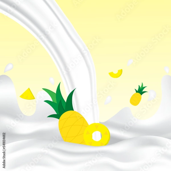 Fototapeta Pineapple milk splash with white splashing liquid. Pouring pineapple milk on yellow background. Fruit drink and organic dairy free vegan milk. Creative design vector illustration with empty space.