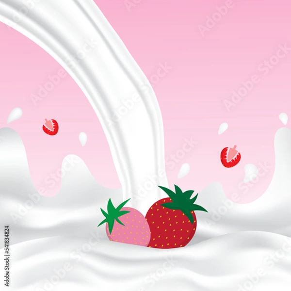 Fototapeta Strawberry milk splash with white splashing liquid. Pouring strawberry milk on pink background. Fruit drink and organic dairy free vegan milk. Creative design vector illustration with empty space.