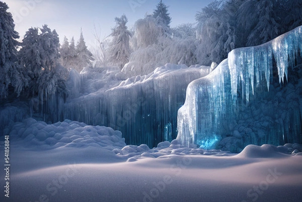 Obraz Winter frozen waterfall landscape with snow and ice, white and blue, ice stalactites, icicles, fantasy landscape, Christmas card frozen forest with amazing lightning