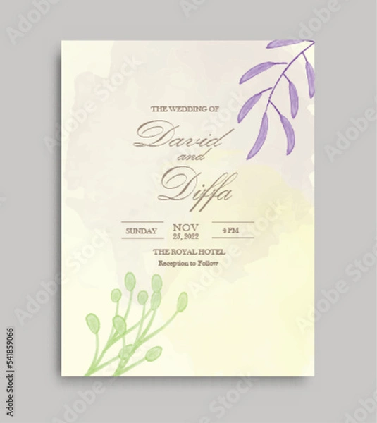 Fototapeta elegant and simple wedding invitation vector template with watercolor elements