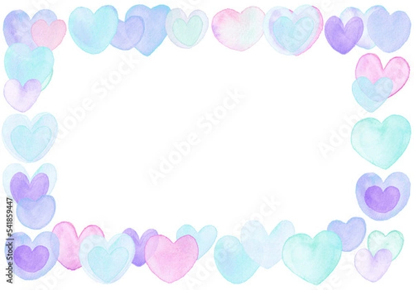 Fototapeta 水彩の華やかハートフレーム四角　水色
