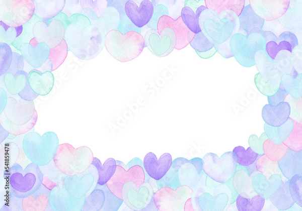 Fototapeta 水彩の華やかハートフレーム囲み　水色