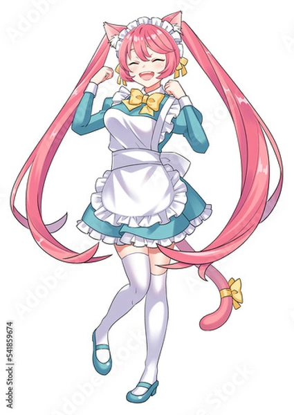 Obraz ネコミミをつけたメイドさんのイラスト 笑顔