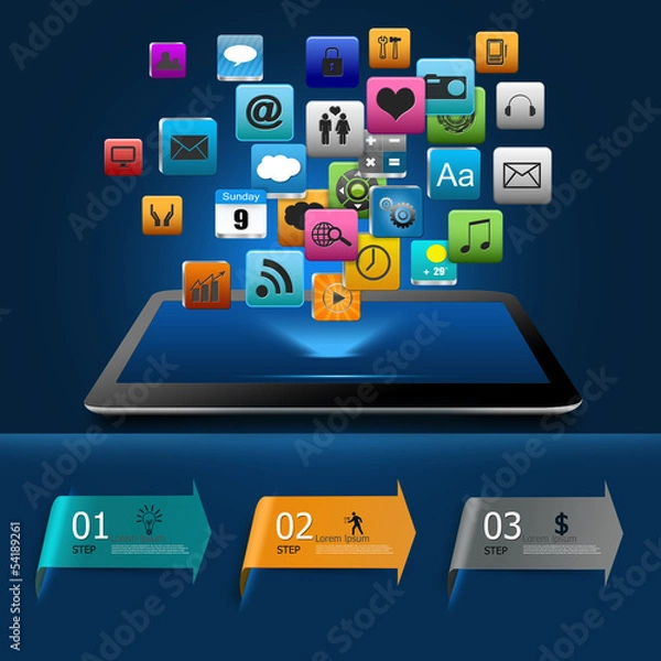 Fototapeta Tablet computer With Colorful application icon concept
