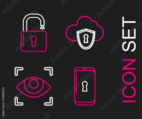 Obraz Set line Smartphone with lock, Eye scan, Cloud and shield and Open padlock icon. Vector