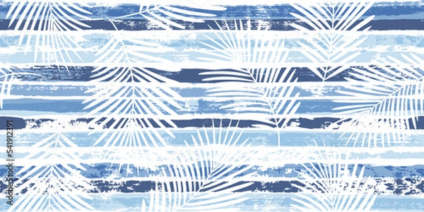 Fototapeta Tropical pattern, palm leaves seamless vector floral background. Exotic plant on blue stripes print illustration. Summer nature jungle print. Leaves of palm tree on paint lines. ink brush strokes