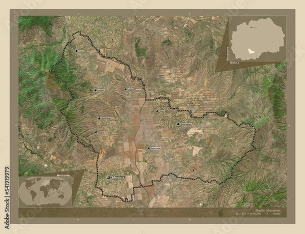 Fototapeta Mogila, Macedonia. High-res satellite. Labelled points of cities