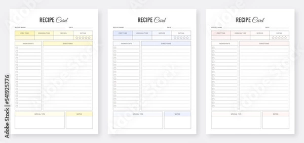 Fototapeta Collection of recipe card templates. Printable recipe card template. Recipe planner template set. Minimalist Planner Pages Template Set. Printable Recipe Tracker Templates. Minimalist planner template