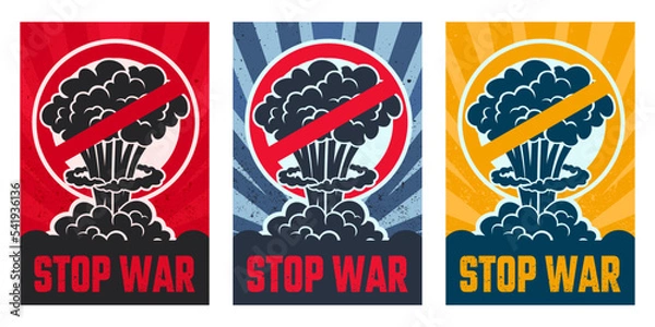 Fototapeta Stop the war poster design, peace to the world sign with bomb explosion effect vector