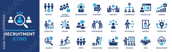 Obraz Recruitment icon set. Headhunting, career, resume, job hiring, candidate and human resource icons. Solid icon collection.