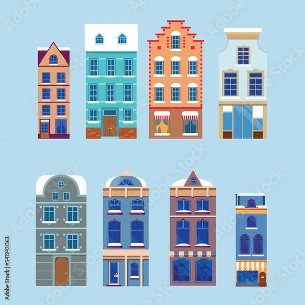 Fototapeta Isolated icon set of city buildings of different heights, residential buildings, flat style vector illustration.