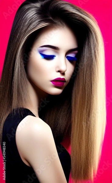 Fototapeta Portrait of a girl with creative makeup and hairstyle. Illustration. Created with the help of artificial intelligence
